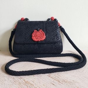 Vintage 80's Rapheal Sanchez Chinoiserie Crossbody Purse Black Red Faux Cinnabar